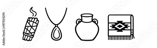 Southwest spa and craft icons. smudge stick, pendant necklace, clay pot, woven blanket, boho jewelry and decor. line vector illustration.