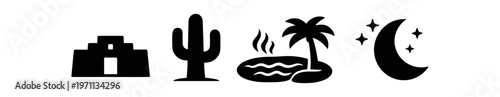 Southwest landscape icons in solid style. adobe building, cactus, hot spring, crescent moon with stars. flat vector illustration.