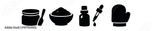 Cosmetic jar, bowl with scrub, dropper bottle and oven mitt icon set. skincare, beauty, cream, scrub, serum, pipette, glove, spa, cosmetic containers. flat vector illustration.