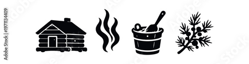 Sauna cabin icon set. log sauna, steam, water bucket with ladle, birch whisk, spa and relaxation symbols. line, flat and colored vector icon set.