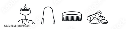 Ayurvedic spa icon set. shirodhara oil pot, tongue cleaner, comb, ginger and powder. line and flat vector illustration.