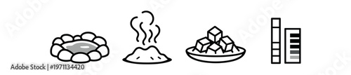 Hot spring icon set. thermal pool, geothermal spring, steaming water, geyser, spa stones, bath salts, mineral spring. line and flat vector icon set.