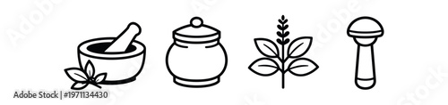 Ayurvedic spa icon set. mortar and pestle, herbal jar, medicinal herb sprig, facial roller. line and flat vector illustration.