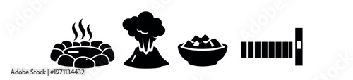 Hot spring icon set. thermal pool, erupting vent, bowl of salts, depth gauge, spa elements. flat vector illustration.