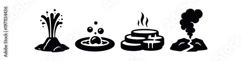 Geothermal spa icon set. geyser eruption, bubbling thermal pool, spa stones with steam, volcanic vent smoke. flat vector illustration.