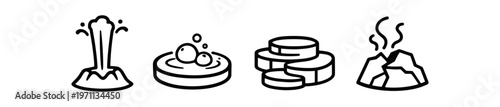 Geothermal spa icon set. erupting geyser, bubbling pool, stacked stones, steaming rocks, wellness symbols. line and flat vector icon set.