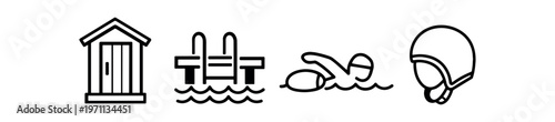 Beach and swimming icon set. beach hut, pool ladder, swimmer, helmet, lifeguard gear, seaside recreation. line and flat vector illustration.