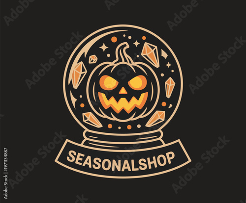 Halloween Pumpkin Crystal Ball Emblem – Scary Spooky Logo Illustration