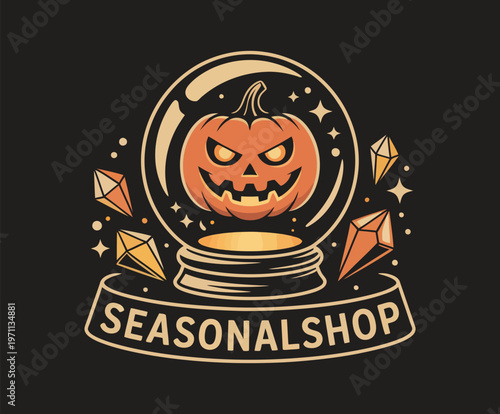 Spooky Crystal Ball Pumpkin Logo – Halloween Jack-o’-Lantern Badge in Orange Black