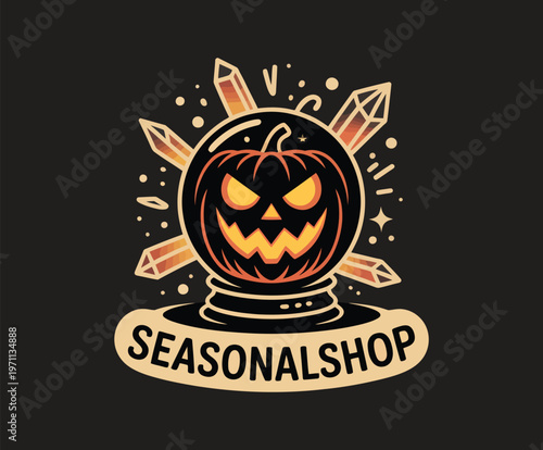Halloween Jack-o’-Lantern Crystal Ball Logo – Spooky Pumpkin Emblem Design