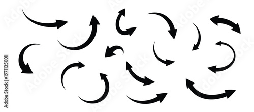 Collection of diverse black arrows pointing in various directions on a white background.