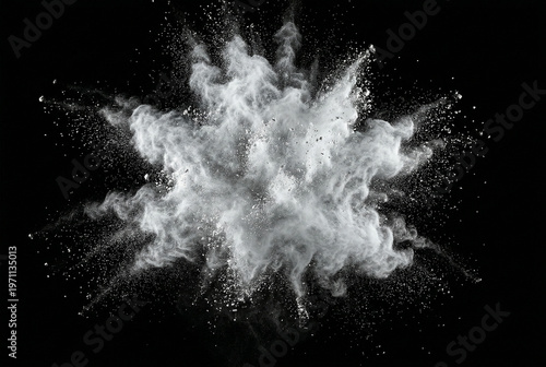 Symmetric white powder cloud explosion on black background
