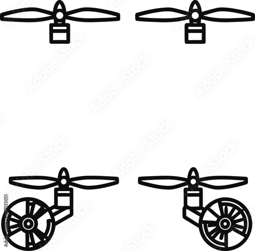 Four drone propellers and landing gear icons on white background  