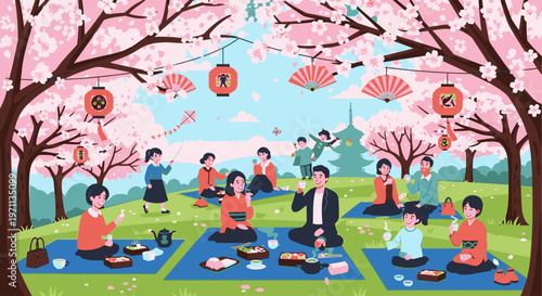 Illustration of people picnicking under blooming cherry blossom trees with a serene landscape in the background, conveying a joyful and festive mood.