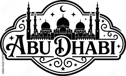 Black and white abu dhabi mosque silhouette with crescent moon and stars vector art