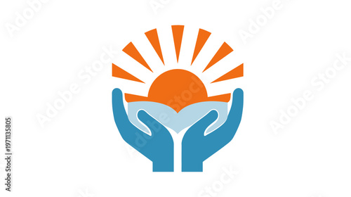 Symbolic vector: Cupped hands cradling an open book beneath a radiant rising sun, representing education, knowledge, growth, and hope.