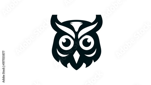 Stylized owl head graphic vector illustration. Minimalist dark owl face icon on white background, representing wisdom and knowledge.
