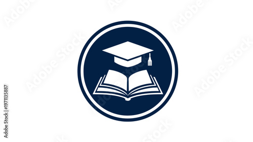Academic education logo concept with open book and graduation cap icon symbol in a circle on white background