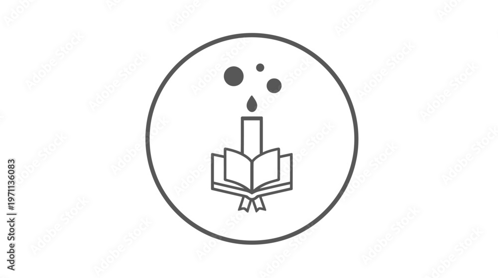 Fototapeta premium Outline icon of burning candle on open book with rising particles, symbolizing enlightenment, knowledge, education, study, and wisdom.