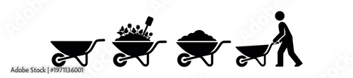 Wheelbarrow icon set. garden wheelbarrow, construction cart, soil, flowers, transport, labor. line, flat and colored vector icon set.