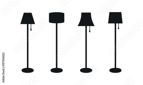 Floor lamp icon set. standing lamp, lighting, interior, reading, home decor, shade. line, flat and colored vector icon set.