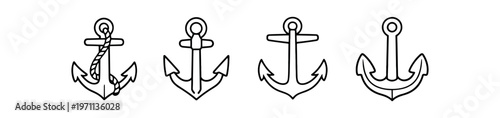 Anchor icon set. anchor, nautical, maritime, ship, boat, rope, classic anchor symbols. line and flat vector icon set.