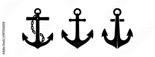 Anchor icon set. anchor, nautical, maritime, ship, boat, heavy anchor silhouettes with chain. line and flat vector icon set.