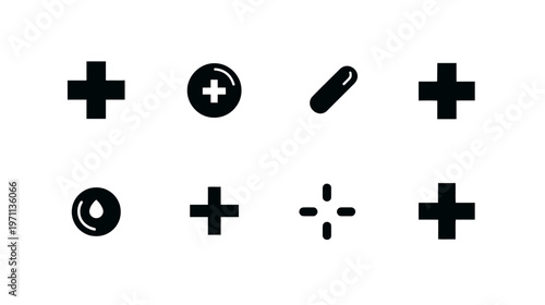 Collection of black plus sign icons, including addition, medicine pill, water drop, and target symbols. Simple vector elements for UI/UX design.
