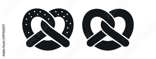 Pretzel icon set. soft pretzel, knot bread, salted snack, bakery, pastry, baked goods. line and flat vector illustration.