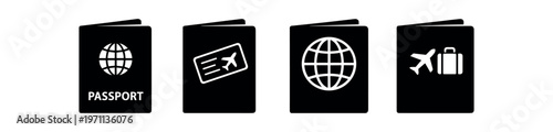 Passport icon set. passport, boarding pass, globe, luggage, airplane, travel and identification. line and flat vector illustration.