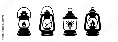 Lantern icon set. lantern, oil lamp, kerosene lamp, camping light, bulb, camping equipment, vintage lighting. line and flat vector illustration.
