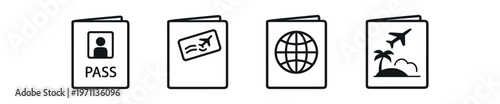 Passport icon set. passport, id, boarding pass, travel document, globe, vacation, tourism. line and flat vector illustration.