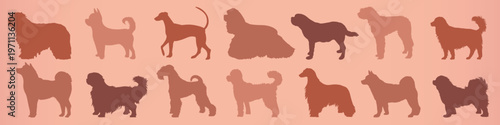 Silhouettes of various dog breeds in shades of brown on a pink background. Diverse dog shapes, each silhouette showcasing different breed characteristics. Animal illustrations, isolated vector set.