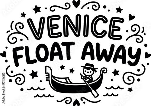 Venice float away boat with gondolier line art with stars and hearts