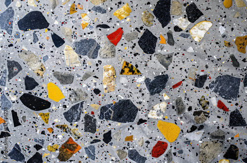 Photo of Grey terrazzo pattern on floor surface. Background texture for backdrops or mapping