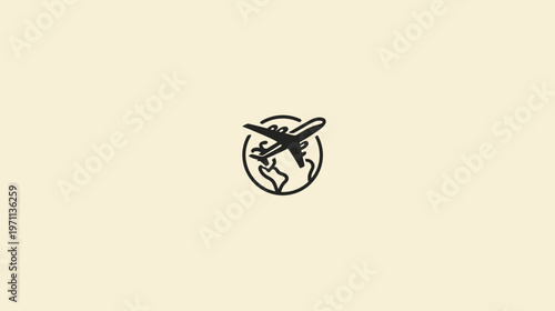 Global travel concept with airplane circling planet Earth, minimalist line art icon representing worldwide flights and international tourism.