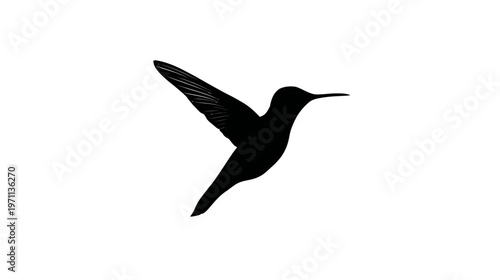 Black silhouette of a flying hummingbird with outstretched wings, isolated on a clean white background. Minimalist bird icon.