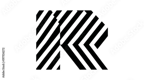 Abstract letter R logo concept with black and white diagonal stripes, modern geometric design, alphabet initial icon.