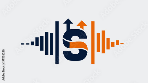Dynamic S letter icon with upward arrows and abstract sound wave equalizer bars, symbolizing growth, technology, data, and business progress.