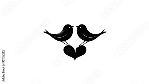 Romantic black silhouette of two love birds perched on a heart, symbolizing companionship, affection, and unity on a white background.