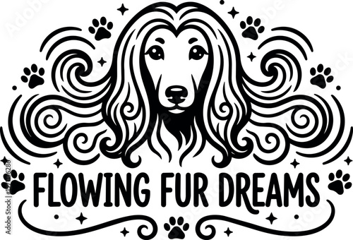 Flowing fur dreams dog head with swirling fur and paw prints vector art