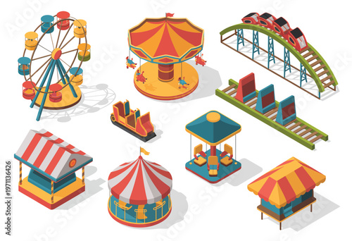 Collection of isometric 3D amusement park icons featuring a ferris wheel, roller coaster, carousel, carnival tent, swing ride, and food stall, presented on a white background 