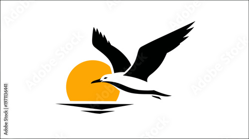Stylized seagull flying over a vibrant orange sun and calm water. Modern vector illustration for ocean and freedom themes.