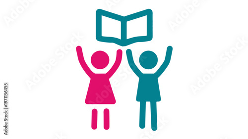 Stylized children holding an open book icon, symbolizing education, learning, literacy, and knowledge sharing for youth.