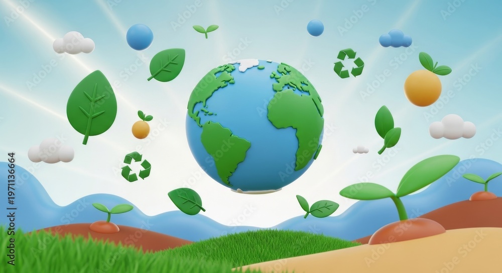 Naklejka premium Earth Month 3D illustration with planet, leaves, sprouts and recycling icons
