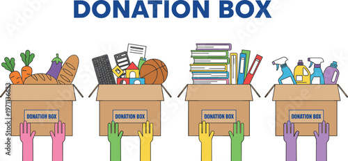 Vector illustration of donation boxes with food, toys, books and supplies representing charity and giving