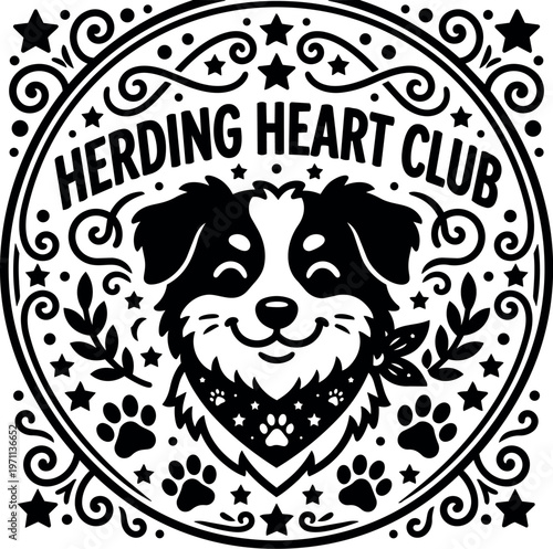 Black and white herding heart club smiling dog head with bandana and paw prints