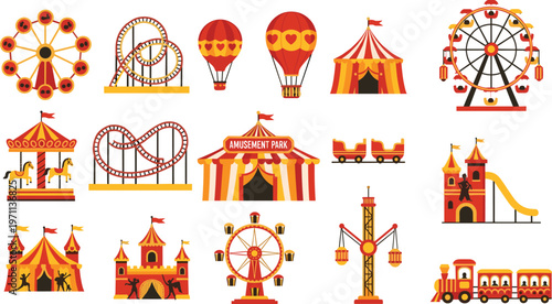 Set of amusement park icons, various carnival fair rides and circus tents, fun park attractions with roller coaster and ferris wheel isolated on white background,