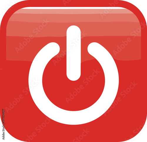 Red glossy power button icon, square start element, web turn on off switch for interface, technology