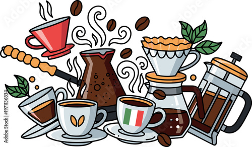 Hand drawn coffee brewing composition with dripper, cezve, French press, cups, and beans for cafe branding